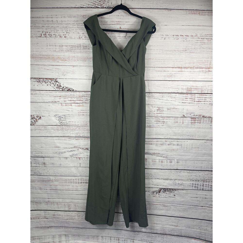 Luxxel Jumpsuit Women's SZ L Green Off Shoulder Wide Leg Elegant Pockets LJP4234 - Picture 1 of 10